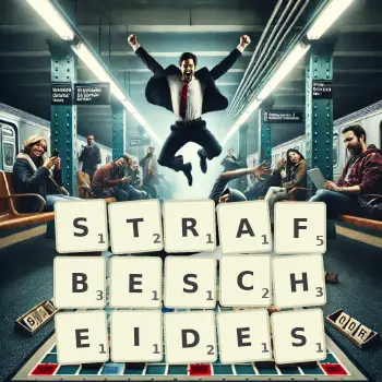 Kreative Illustration für ein Scrabble-Spiel, bei dem das Wort STRAFBESCHEIDES mit Steinen auf dem Brett gelegt wurde.