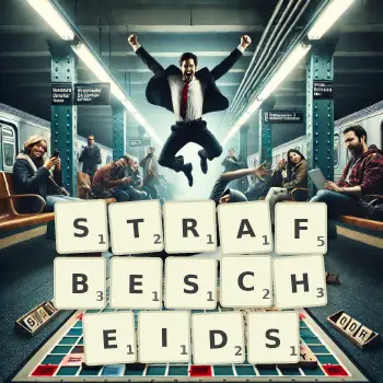 Kreative Illustration für ein Scrabble-Spiel, bei dem das Wort STRAFBESCHEIDS mit Steinen auf dem Brett gelegt wurde.