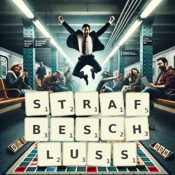 Kreative Illustration für ein Scrabble-Spiel, bei dem das Wort STRAFBESCHLUSS mit Steinen auf dem Brett gelegt wurde.
