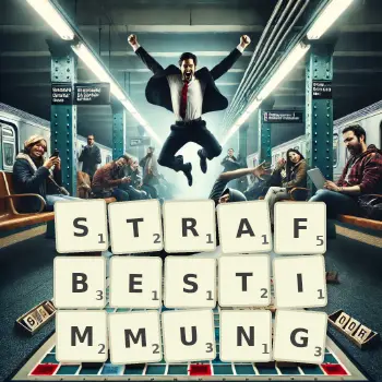 Kreative Illustration für ein Scrabble-Spiel, bei dem das Wort STRAFBESTIMMUNG mit Steinen auf dem Brett gelegt wurde.
