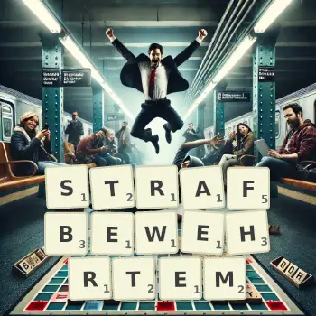 Kreative Illustration für ein Scrabble-Spiel, bei dem das Wort STRAFBEWEHRTEM mit Steinen auf dem Brett gelegt wurde.