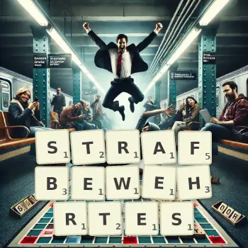 Kreative Illustration für ein Scrabble-Spiel, bei dem das Wort STRAFBEWEHRTES mit Steinen auf dem Brett gelegt wurde.