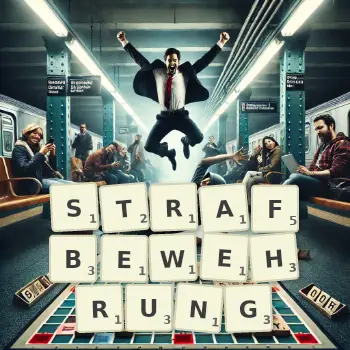 Kreative Illustration für ein Scrabble-Spiel, bei dem das Wort STRAFBEWEHRUNG mit Steinen auf dem Brett gelegt wurde.