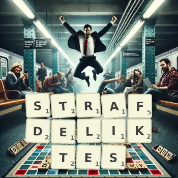 Kreative Illustration für ein Scrabble-Spiel, bei dem das Wort STRAFDELIKTES mit Steinen auf dem Brett gelegt wurde.