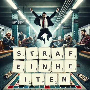 Kreative Illustration für ein Scrabble-Spiel, bei dem das Wort STRAFEINHEITEN mit Steinen auf dem Brett gelegt wurde.