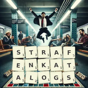 Kreative Illustration für ein Scrabble-Spiel, bei dem das Wort STRAFENKATALOGS mit Steinen auf dem Brett gelegt wurde.