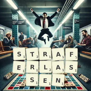Kreative Illustration für ein Scrabble-Spiel, bei dem das Wort STRAFERLASSEN mit Steinen auf dem Brett gelegt wurde.