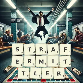 Kreative Illustration für ein Scrabble-Spiel, bei dem das Wort STRAFERMITTLER mit Steinen auf dem Brett gelegt wurde.