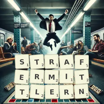 Kreative Illustration für ein Scrabble-Spiel, bei dem das Wort STRAFERMITTLERN mit Steinen auf dem Brett gelegt wurde.