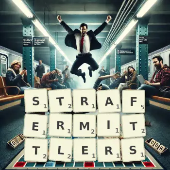 Kreative Illustration für ein Scrabble-Spiel, bei dem das Wort STRAFERMITTLERS mit Steinen auf dem Brett gelegt wurde.