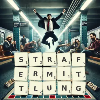 Kreative Illustration für ein Scrabble-Spiel, bei dem das Wort STRAFERMITTLUNG mit Steinen auf dem Brett gelegt wurde.