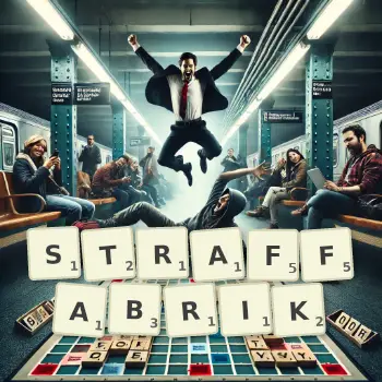 Kreative Illustration für ein Scrabble-Spiel, bei dem das Wort STRAFFABRIK mit Steinen auf dem Brett gelegt wurde.