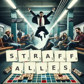 Kreative Illustration für ein Scrabble-Spiel, bei dem das Wort STRAFFALLES mit Steinen auf dem Brett gelegt wurde.
