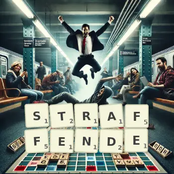 Kreative Illustration für ein Scrabble-Spiel, bei dem das Wort STRAFFENDE mit Steinen auf dem Brett gelegt wurde.