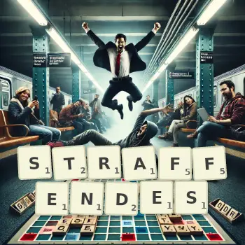 Kreative Illustration für ein Scrabble-Spiel, bei dem das Wort STRAFFENDES mit Steinen auf dem Brett gelegt wurde.