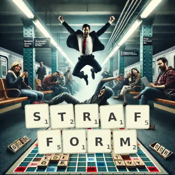 Kreative Illustration für ein Scrabble-Spiel, bei dem das Wort STRAFFORM mit Steinen auf dem Brett gelegt wurde.