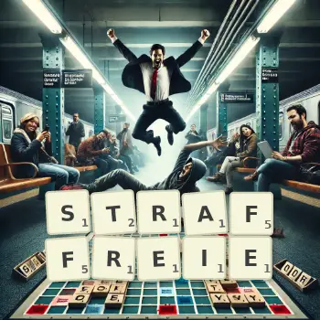 Kreative Illustration für ein Scrabble-Spiel, bei dem das Wort STRAFFREIE mit Steinen auf dem Brett gelegt wurde.
