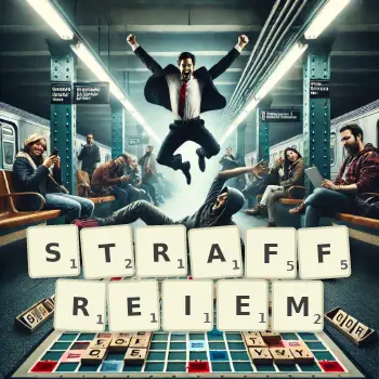 Kreative Illustration für ein Scrabble-Spiel, bei dem das Wort STRAFFREIEM mit Steinen auf dem Brett gelegt wurde.