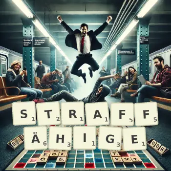 Kreative Illustration für ein Scrabble-Spiel, bei dem das Wort STRAFFÄHIGE mit Steinen auf dem Brett gelegt wurde.