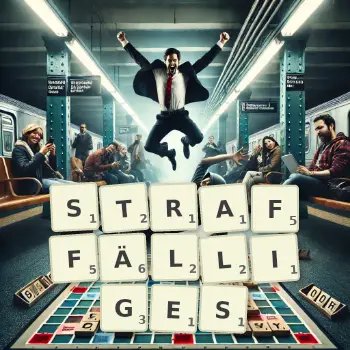 Kreative Illustration für ein Scrabble-Spiel, bei dem das Wort STRAFFÄLLIGES mit Steinen auf dem Brett gelegt wurde.