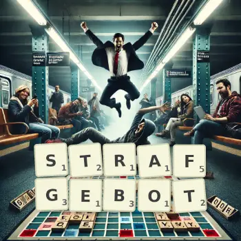 Kreative Illustration für ein Scrabble-Spiel, bei dem das Wort STRAFGEBOT mit Steinen auf dem Brett gelegt wurde.