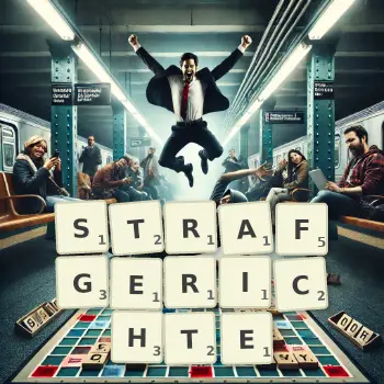 Kreative Illustration für ein Scrabble-Spiel, bei dem das Wort STRAFGERICHTE mit Steinen auf dem Brett gelegt wurde.
