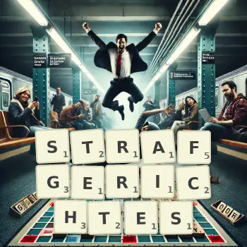Kreative Illustration für ein Scrabble-Spiel, bei dem das Wort STRAFGERICHTES mit Steinen auf dem Brett gelegt wurde.
