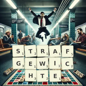 Kreative Illustration für ein Scrabble-Spiel, bei dem das Wort STRAFGEWICHTE mit Steinen auf dem Brett gelegt wurde.