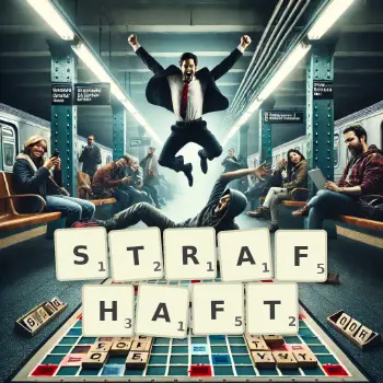 Kreative Illustration für ein Scrabble-Spiel, bei dem das Wort STRAFHAFT mit Steinen auf dem Brett gelegt wurde.