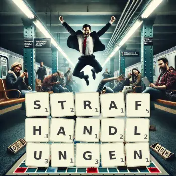 Kreative Illustration für ein Scrabble-Spiel, bei dem das Wort STRAFHANDLUNGEN mit Steinen auf dem Brett gelegt wurde.