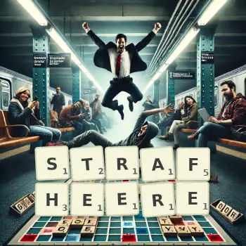Kreative Illustration für ein Scrabble-Spiel, bei dem das Wort STRAFHEERE mit Steinen auf dem Brett gelegt wurde.