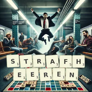 Kreative Illustration für ein Scrabble-Spiel, bei dem das Wort STRAFHEEREN mit Steinen auf dem Brett gelegt wurde.
