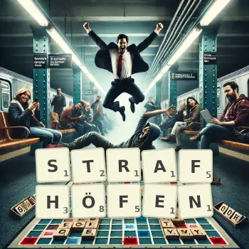 Kreative Illustration für ein Scrabble-Spiel, bei dem das Wort STRAFHÖFEN mit Steinen auf dem Brett gelegt wurde.