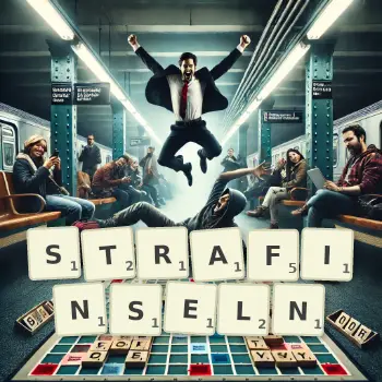 Kreative Illustration für ein Scrabble-Spiel, bei dem das Wort STRAFINSELN mit Steinen auf dem Brett gelegt wurde.