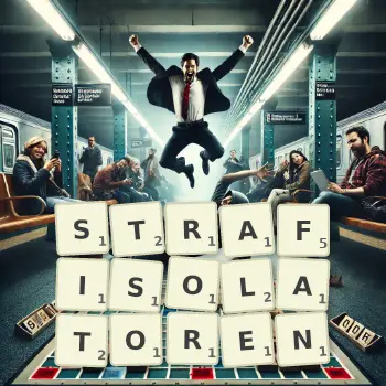 Kreative Illustration für ein Scrabble-Spiel, bei dem das Wort STRAFISOLATOREN mit Steinen auf dem Brett gelegt wurde.
