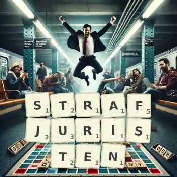 Kreative Illustration für ein Scrabble-Spiel, bei dem das Wort STRAFJURISTEN mit Steinen auf dem Brett gelegt wurde.