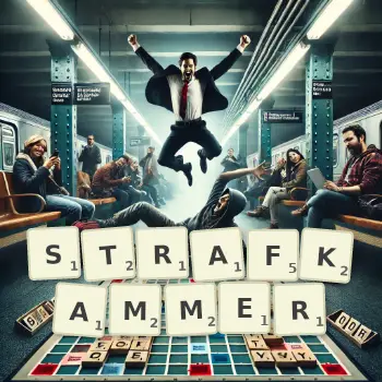 Kreative Illustration für ein Scrabble-Spiel, bei dem das Wort STRAFKAMMER mit Steinen auf dem Brett gelegt wurde.