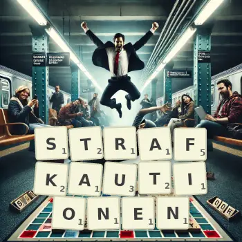 Kreative Illustration für ein Scrabble-Spiel, bei dem das Wort STRAFKAUTIONEN mit Steinen auf dem Brett gelegt wurde.