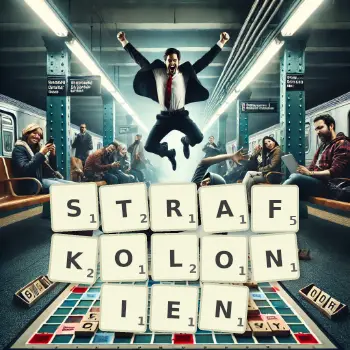 Kreative Illustration für ein Scrabble-Spiel, bei dem das Wort STRAFKOLONIEN mit Steinen auf dem Brett gelegt wurde.