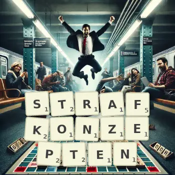 Kreative Illustration für ein Scrabble-Spiel, bei dem das Wort STRAFKONZEPTEN mit Steinen auf dem Brett gelegt wurde.