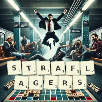 Kreative Illustration für ein Scrabble-Spiel, bei dem das Wort STRAFLAGERS mit Steinen auf dem Brett gelegt wurde.