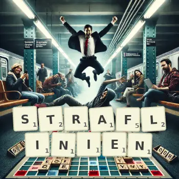 Kreative Illustration für ein Scrabble-Spiel, bei dem das Wort STRAFLINIEN mit Steinen auf dem Brett gelegt wurde.