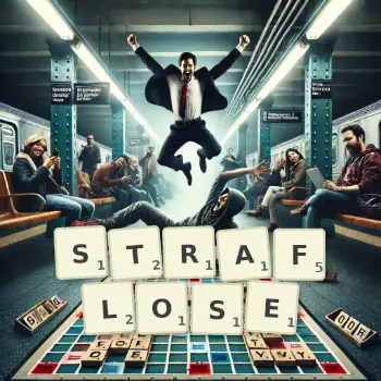 Kreative Illustration für ein Scrabble-Spiel, bei dem das Wort STRAFLOSE mit Steinen auf dem Brett gelegt wurde.