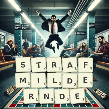 Kreative Illustration für ein Scrabble-Spiel, bei dem das Wort STRAFMILDERNDE mit Steinen auf dem Brett gelegt wurde.