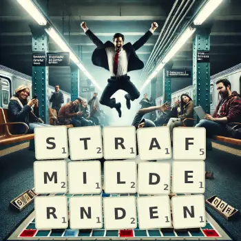 Kreative Illustration für ein Scrabble-Spiel, bei dem das Wort STRAFMILDERNDEN mit Steinen auf dem Brett gelegt wurde.