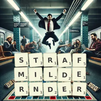 Kreative Illustration für ein Scrabble-Spiel, bei dem das Wort STRAFMILDERNDER mit Steinen auf dem Brett gelegt wurde.