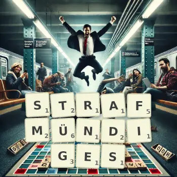 Kreative Illustration für ein Scrabble-Spiel, bei dem das Wort STRAFMÜNDIGES mit Steinen auf dem Brett gelegt wurde.
