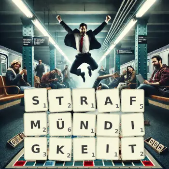 Kreative Illustration für ein Scrabble-Spiel, bei dem das Wort STRAFMÜNDIGKEIT mit Steinen auf dem Brett gelegt wurde.