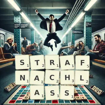 Kreative Illustration für ein Scrabble-Spiel, bei dem das Wort STRAFNACHLASS mit Steinen auf dem Brett gelegt wurde.