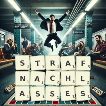 Kreative Illustration für ein Scrabble-Spiel, bei dem das Wort STRAFNACHLASSES mit Steinen auf dem Brett gelegt wurde.